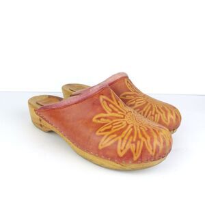 Mere Clogs Womens 9 Tan Sunflower Leather Floral Wooden Mules Boho Cottagecore